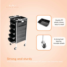 5 Drawer Hairdressing Trolley Black 90x30x36cm Hair Salon Beauty Rolling Cart