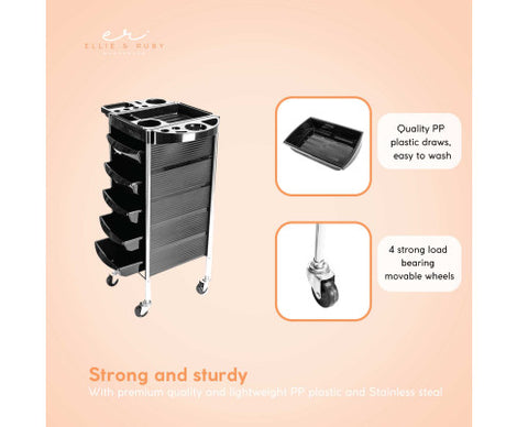 5 Drawer Hairdressing Trolley Black 90x30x36cm Hair Salon Beauty Rolling Cart