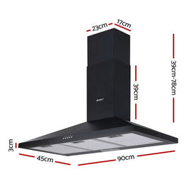 Range Hood Rangehood 90cm 900mm Kitchen Canopy LED Light Wall Mount Black